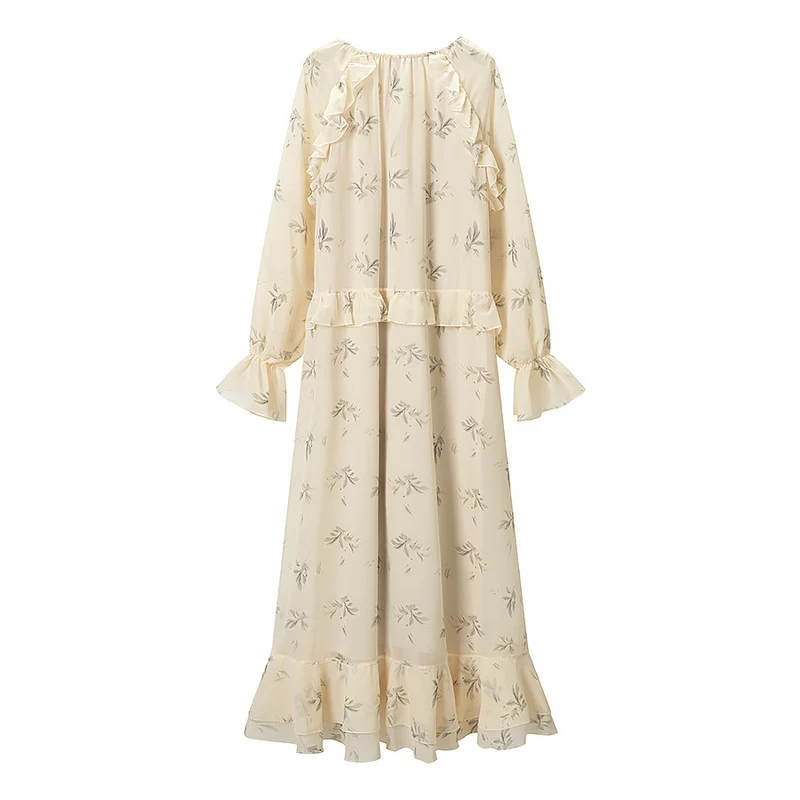 Damen 20+ Maxikleid mit Volants, langen Ballonärmeln und Bindeband Drune