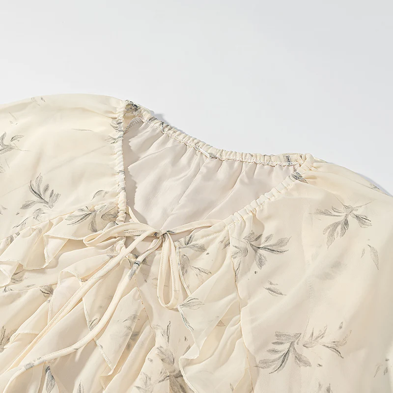 Damen 20+ Maxikleid mit Volants, langen Ballonärmeln und Bindeband Drune