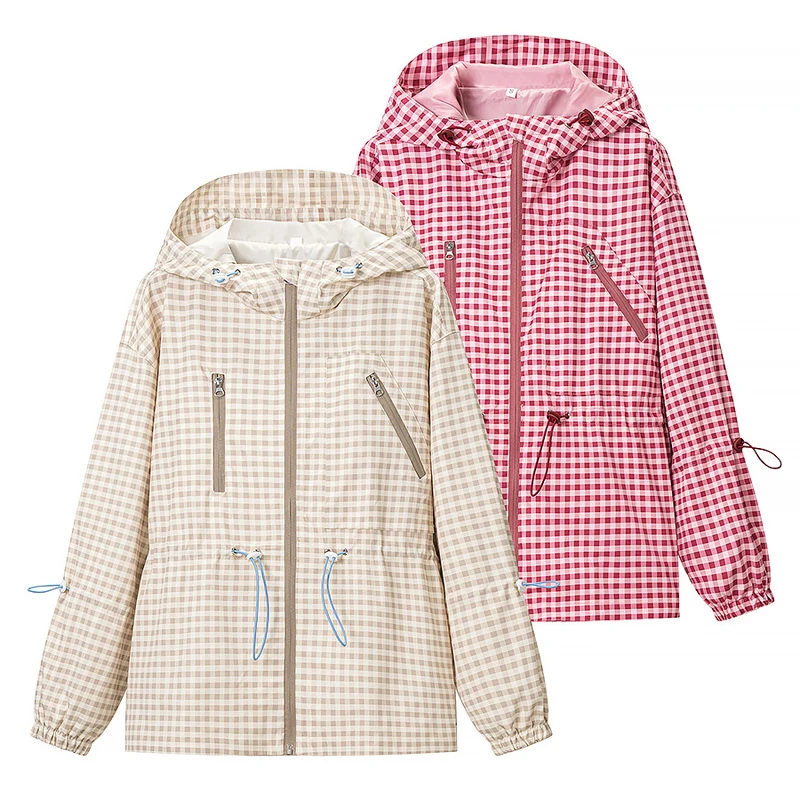 Damen 20+ leichte karierte Kapuzenjacke mit Tunnelzug, Reißverschluss und funktionalen Taschen Drune