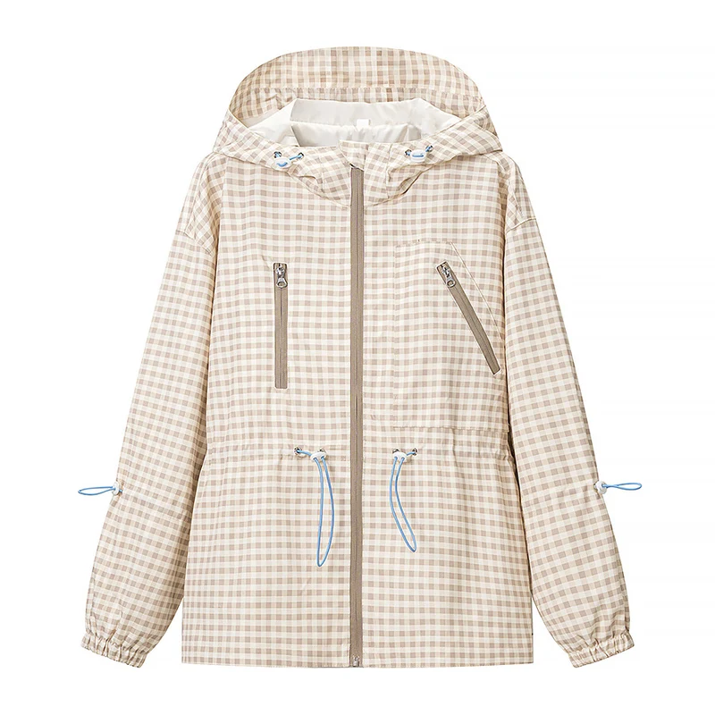 Damen 20+ leichte karierte Kapuzenjacke mit Tunnelzug, Reißverschluss und funktionalen Taschen Drune