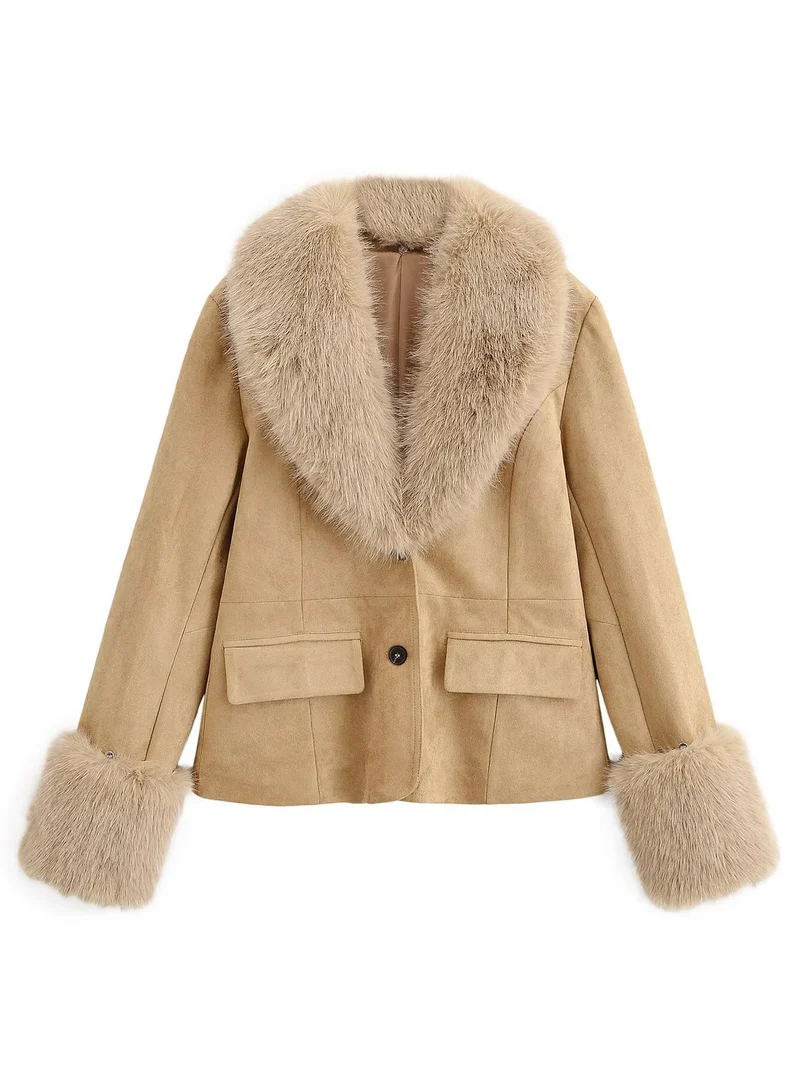 Damen 20+ kurzer Veloursimitat‑Blouson mit üppigem Webpelzkragen und Pelzmanschetten Drune