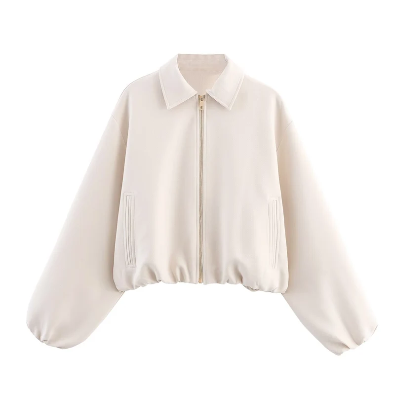 Damen 20+ kurze oversized Blousonjacke mit Reißverschluss gerafftem Saum und Ballonärmeln Drune