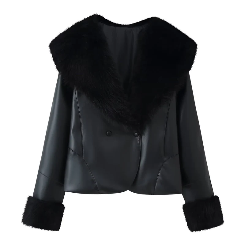 Damen 20+ kurze Kunstlederjacke mit großem Kunstfellkragen und Fellmanschetten Drune