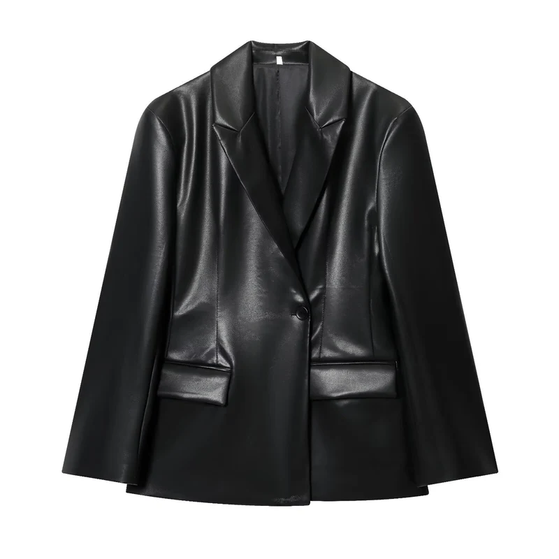 Damen 20+ eleganter veganer Lederblazer mit taillierten Abnähern und Pattentaschen Drune
