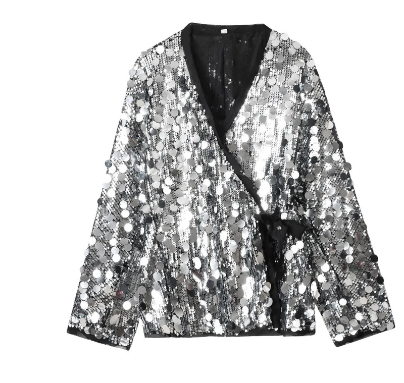 Damen 1900+ Wickel‑Blousonjacke mit großen Pailletten und Satinband Drune