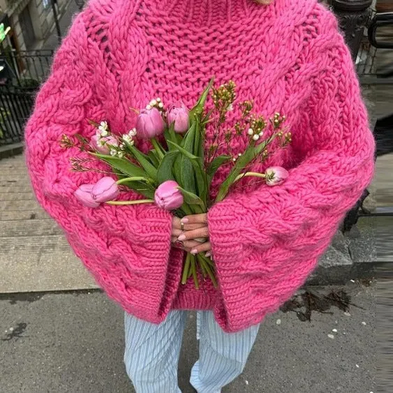 Damen 1800+ Oversize Zopfmuster‑Strickpullover mit weitem Rundhals und Ballonärmeln Drune