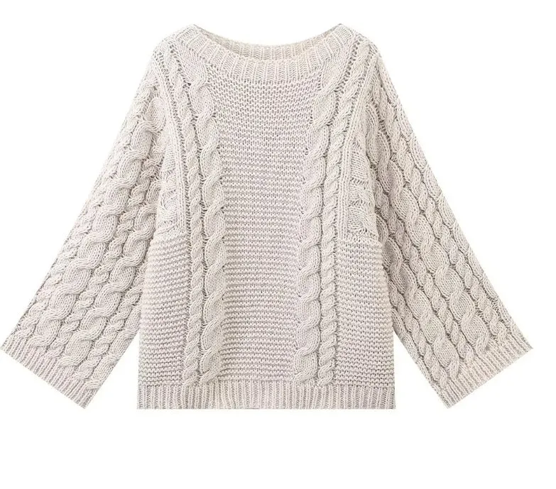 Damen 1800+ Oversize Zopfmuster‑Strickpullover mit weitem Rundhals und Ballonärmeln Drune