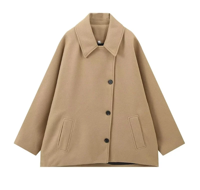 Damen 1200+ oversized Wollmix Kurzjacke mit legerer Silhouette und verdeckter Knopfleiste Drune