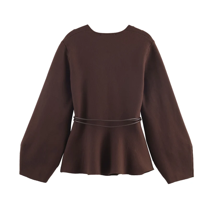 Damen 100+ Wickelcardigan mit Taillengürtel, Ballonärmeln und ausgestelltem Saum Drune