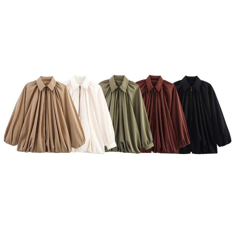 Damen 100+ weite geraffte Blusenjacke mit Hemdkragen und Frontreißverschluss Drune