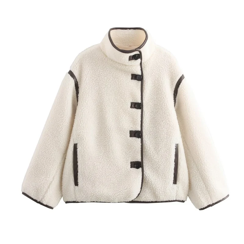 Damen 100+ Teddyjacke im Oversize‑Look mit Stehkragen und Kontrastpaspeln Drune