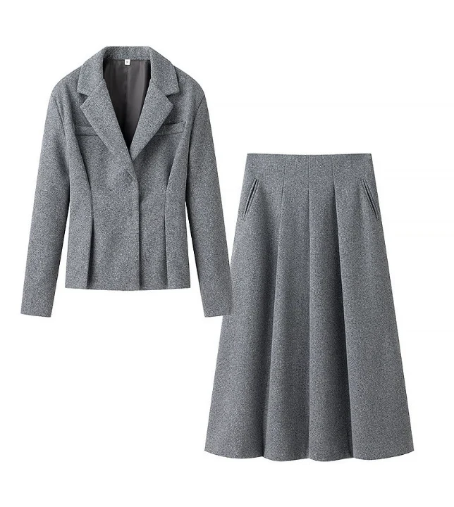 Damen 100+ tailliertes Wollmix-Blazer‑Set mit ausgestelltem Midirock Drune
