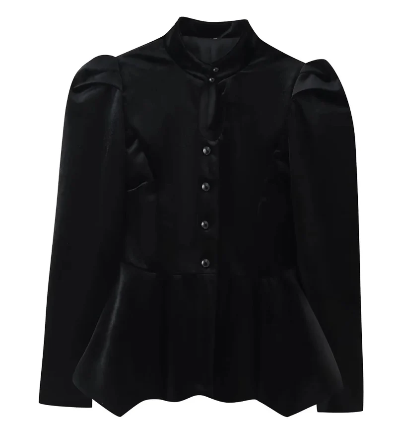 Damen 100+ taillierte Satinbluse mit Stehkragen, Puffärmeln und Schößchen Drune