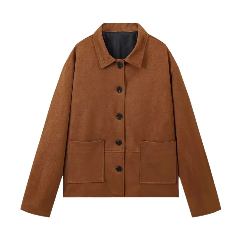 Damen 100+ oversized Wildlederoptik-Blousonjacke mit Pattentaschen und Knopfleiste Drune