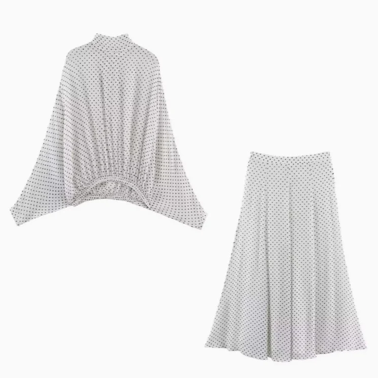 Damen 100+ oversized Pünktchenbluse mit Fledermausärmeln, Stehkragen und elastischem Saum Drune