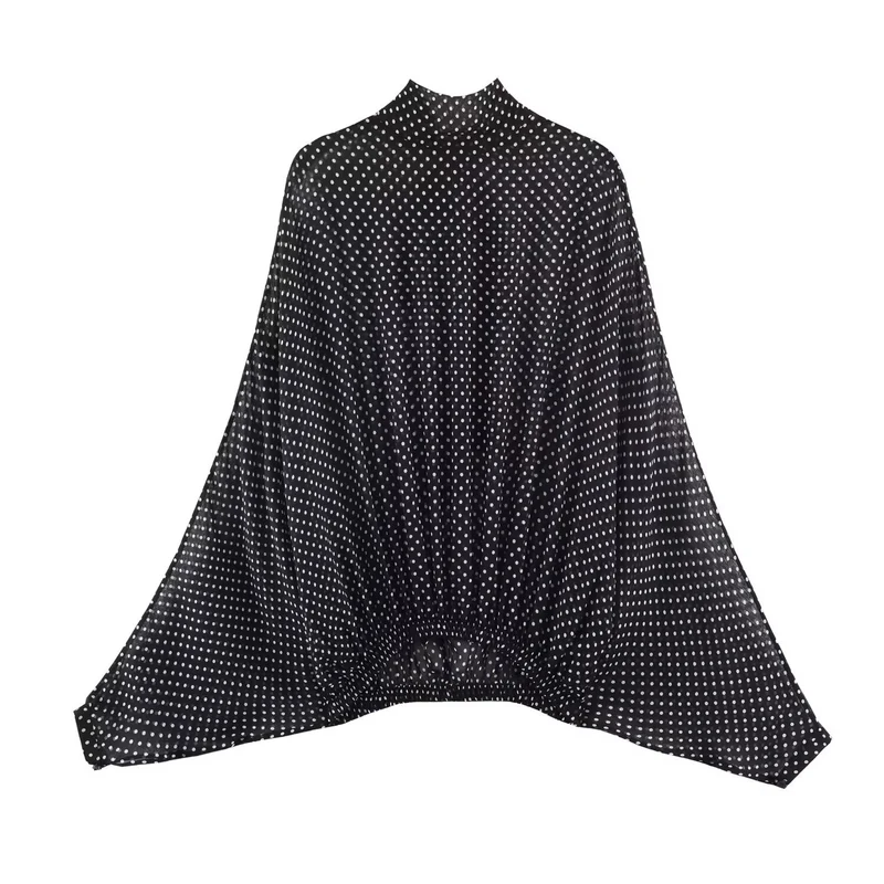 Damen 100+ oversized Pünktchenbluse mit Fledermausärmeln, Stehkragen und elastischem Saum Drune
