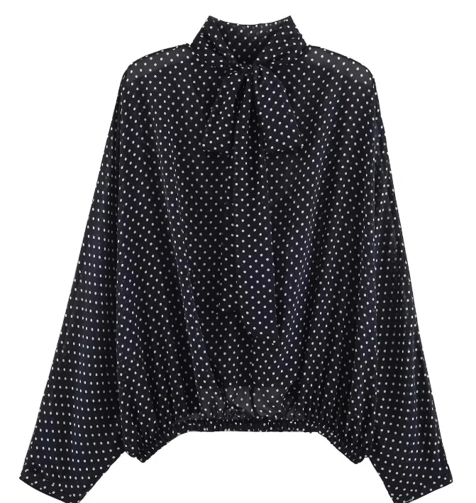 Damen 100+ oversized Pünktchenbluse mit Fledermausärmeln, Stehkragen und elastischem Saum Drune