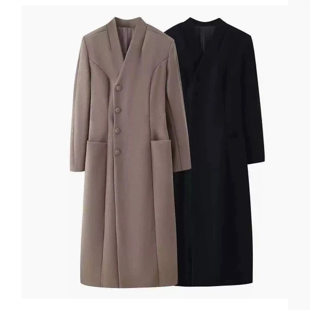Damen 100+ langer taillierter Mantel mit Stehkragen, verdeckter Knopfleiste und aufgesetzten Taschen Drune