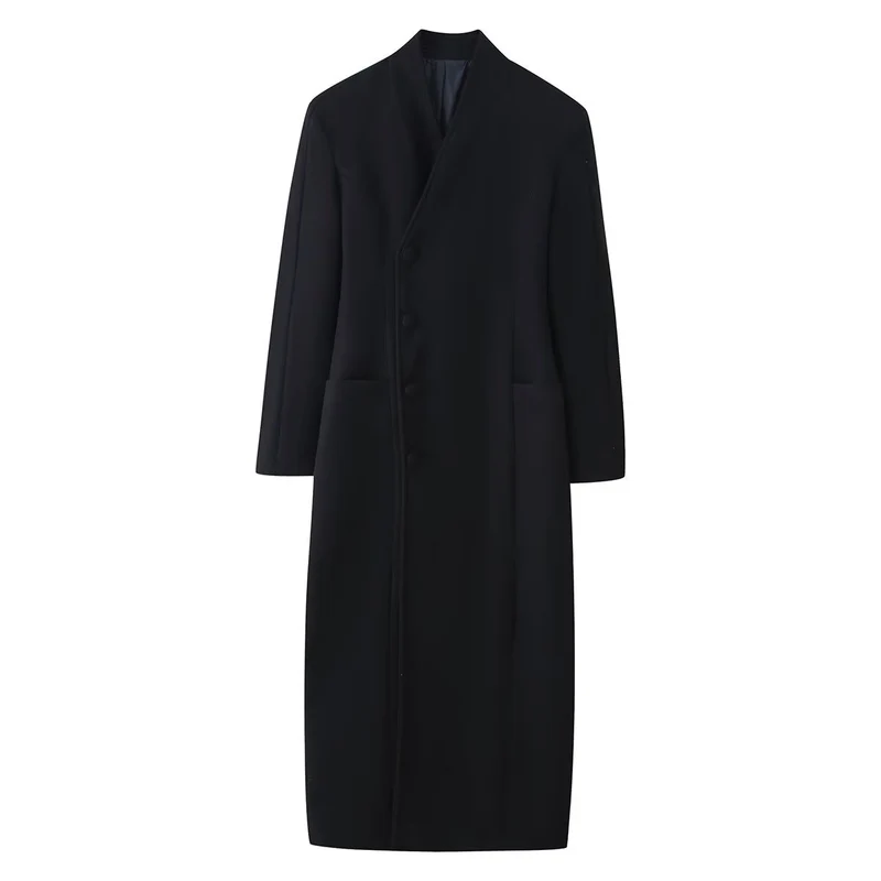 Damen 100+ langer taillierter Mantel mit Stehkragen, verdeckter Knopfleiste und aufgesetzten Taschen Drune