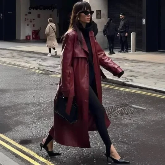 Damen 100+ langer oversize Kunstleder‑Trenchcoat mit Taillengürtel und weitem Revers Drune