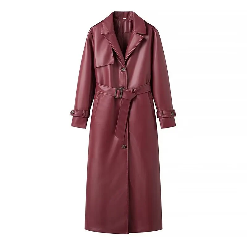 Damen 100+ langer oversize Kunstleder‑Trenchcoat mit Taillengürtel und weitem Revers Drune