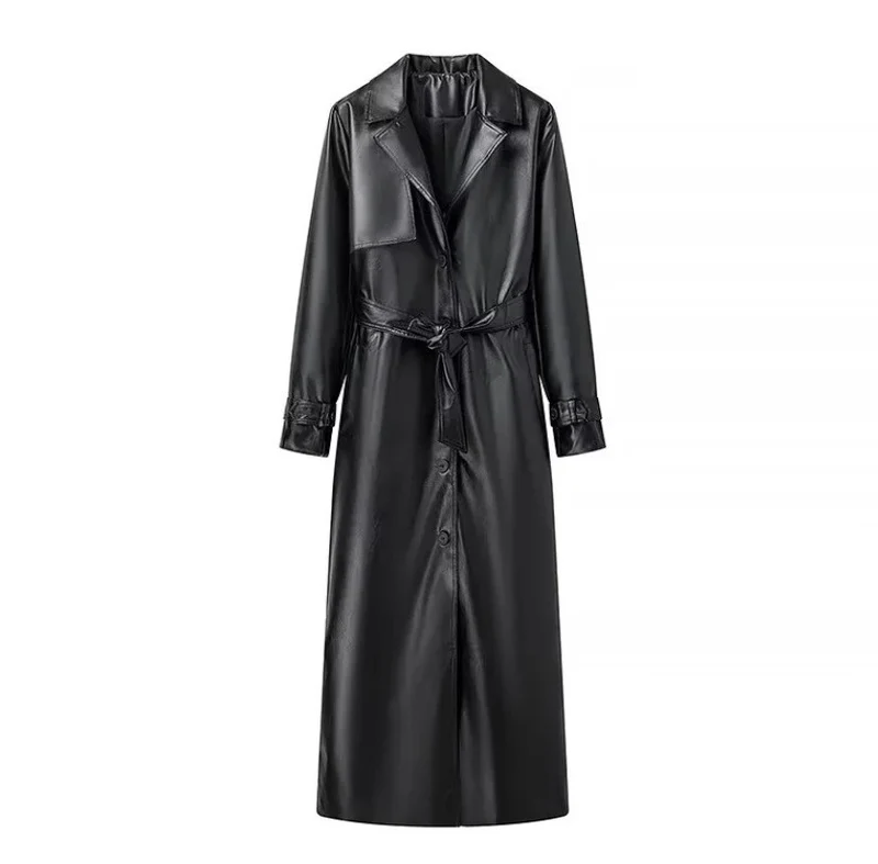 Damen 100+ langer oversize Kunstleder‑Trenchcoat mit Taillengürtel und weitem Revers Drune