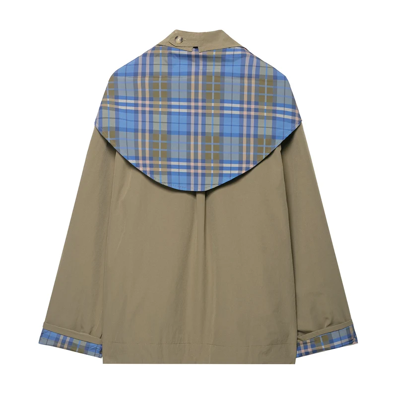 Damen 100+ kurzer Cape‑Trench mit karierter Innenverarbeitung und Knotenverschluss Drune