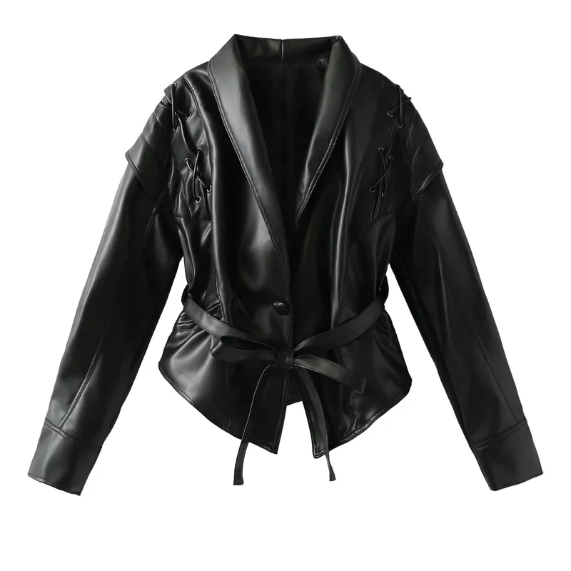 Damen 100+ kurze Wickeljacke mit Bindegürtel und Ösen‑Schnürdetail Drune