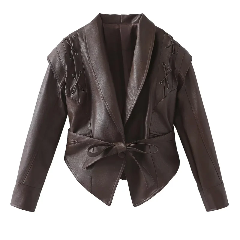Damen 100+ kurze Wickeljacke mit Bindegürtel und Ösen‑Schnürdetail Drune