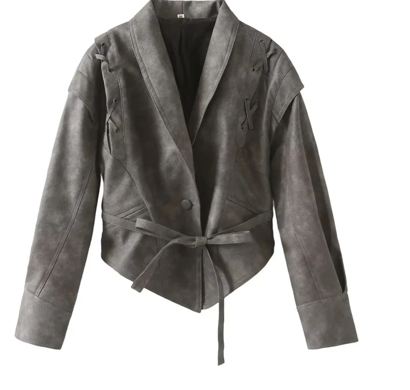 Damen 100+ kurze Wickeljacke mit Bindegürtel und Ösen‑Schnürdetail Drune