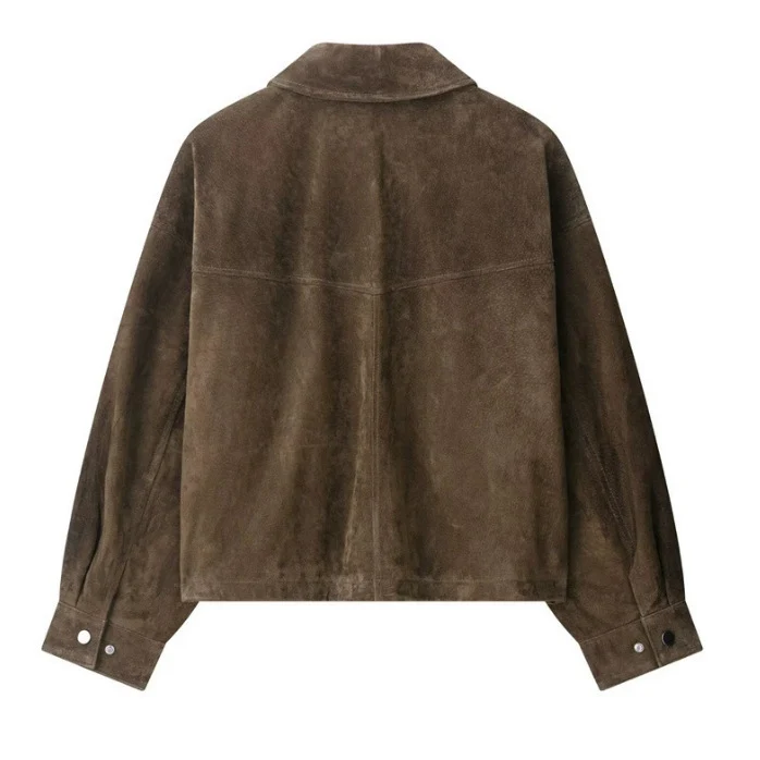 Damen 100+ kurze Veloursleder‑Blousonjacke mit Pattentaschen und Druckknopfverschluss Drune