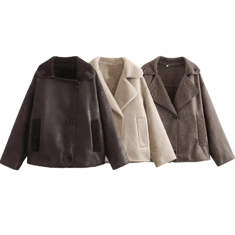 Damen 100+ kurze Lammfell‑Optik Pilotjacke mit Teddyfutter und doppeltgereihter Knopfleiste Drune