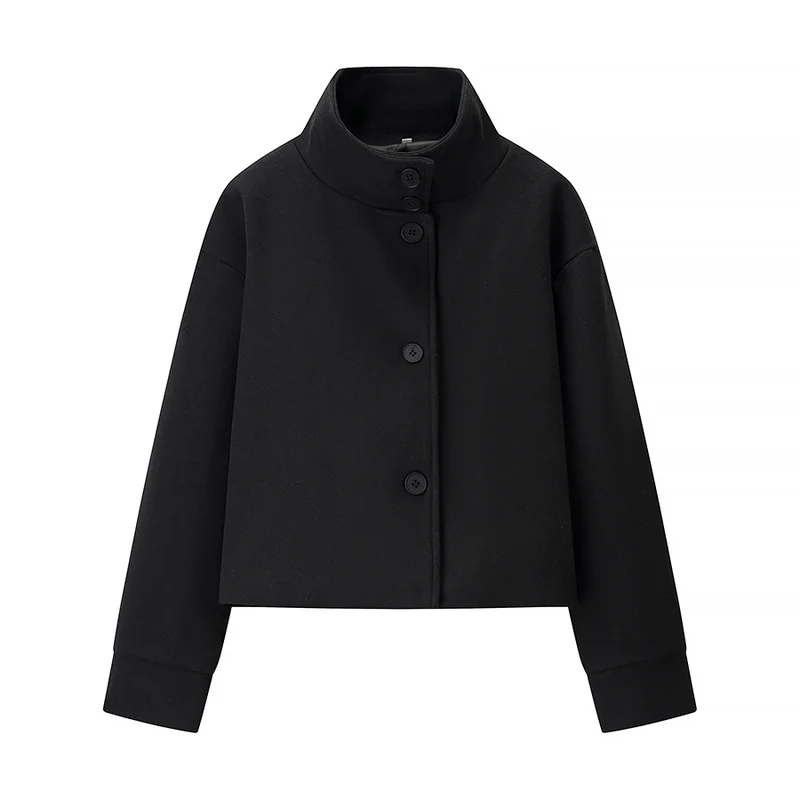 Damen 100+ kurz geschnittene Wollmix‑Boxyjacke mit Stehkragen und verdeckter Knopfleiste Drune
