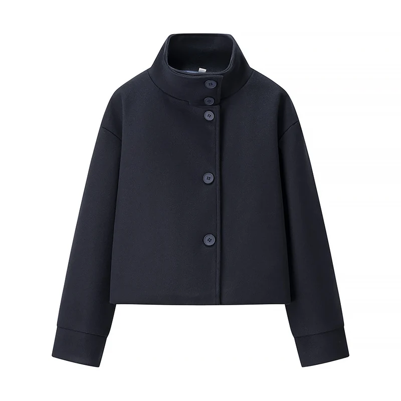 Damen 100+ kurz geschnittene Wollmix‑Boxyjacke mit Stehkragen und verdeckter Knopfleiste Drune