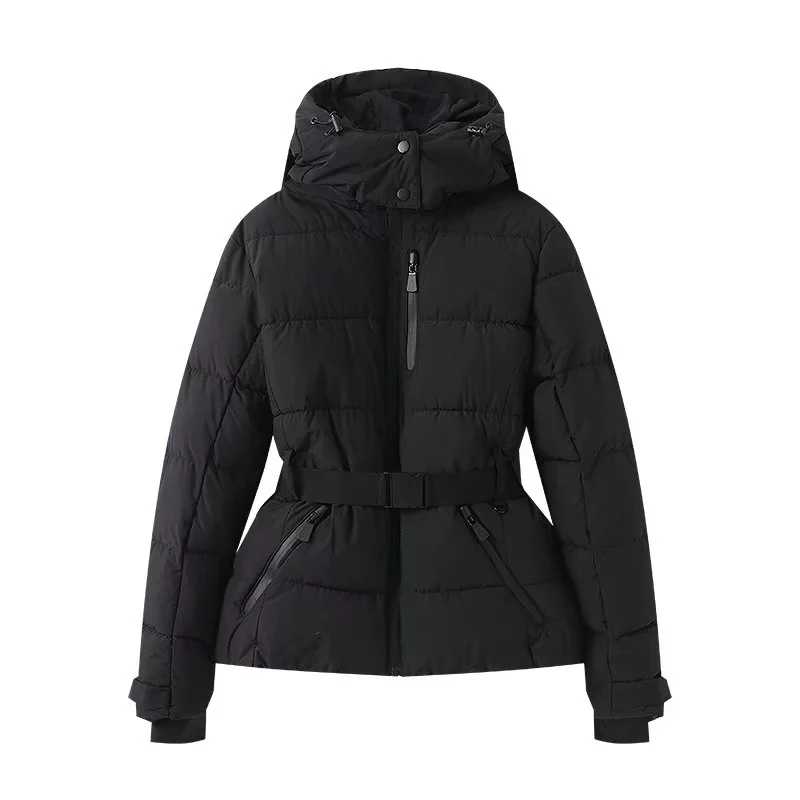 Damen 100+ gesteppte Ski- und Winterjacke mit Kapuze, Taillengürtel & wasserdichten Reißverschlüssen Drune