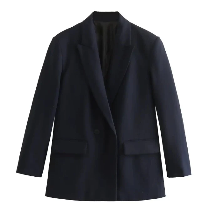 Damen 100+ geradliniger Longline Blazer mit Reverskragen, doppelreihiger Optik und Pattentaschen Drune