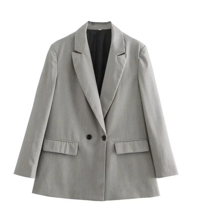 Damen 100+ geradliniger Longline Blazer mit Reverskragen, doppelreihiger Optik und Pattentaschen Drune
