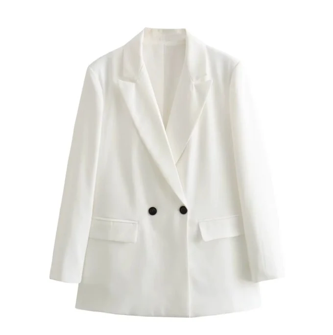 Damen 100+ geradliniger Longline Blazer mit Reverskragen, doppelreihiger Optik und Pattentaschen Drune