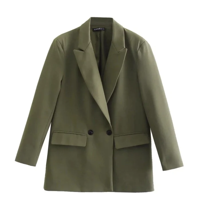 Damen 100+ geradliniger Longline Blazer mit Reverskragen, doppelreihiger Optik und Pattentaschen Drune