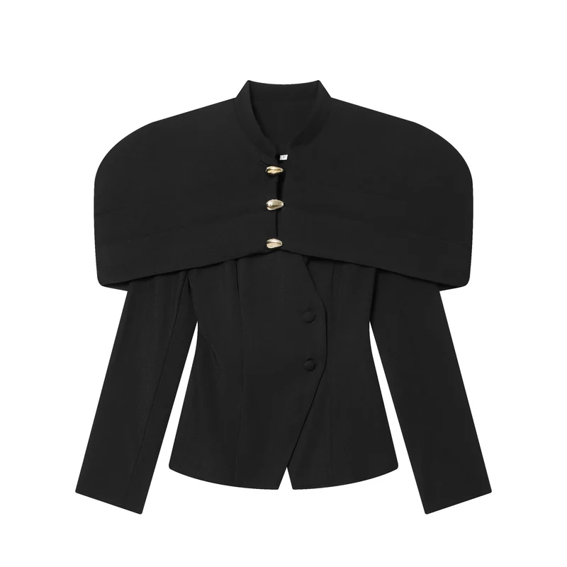 Damen 100+ eleganter taillierter Blazer mit Cape‑Schulter und goldenen Zierknöpfen Drune