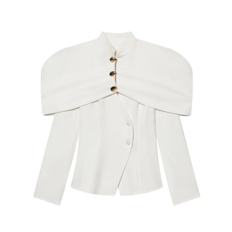 Damen 100+ eleganter taillierter Blazer mit Cape‑Schulter und goldenen Zierknöpfen Drune