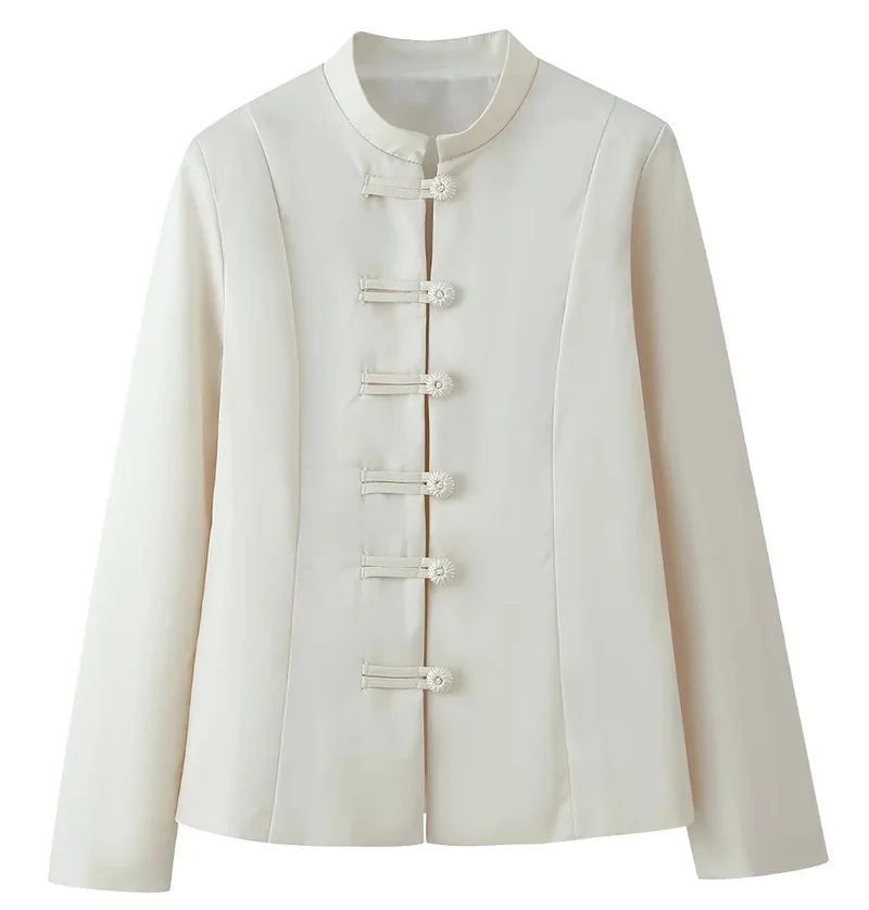 Damen 100+ elegante taillierte Blusenjacke mit Mandarinkragen und dekorativen Knotenverschlüssen Drune