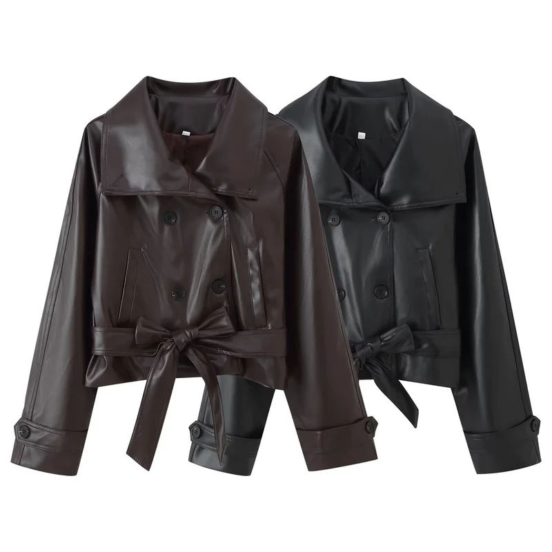 Damen 100+ Cropped Kunstleder-Trenchblouson mit doppelreihiger Knopfleiste und Taillengürtel Drune
