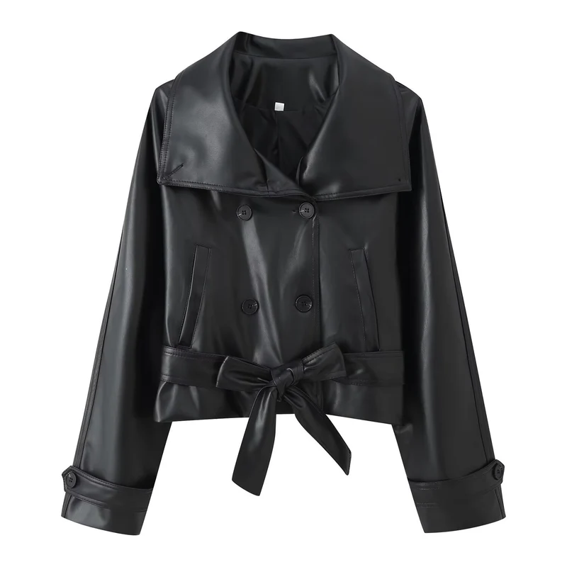 Damen 100+ Cropped Kunstleder-Trenchblouson mit doppelreihiger Knopfleiste und Taillengürtel Drune