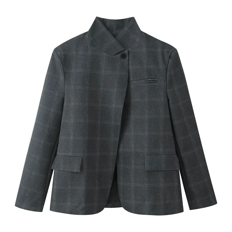 Damen 100+ Cropped Karoblazer mit Stehkragen, verdeckter Knopfleiste und Pattentaschen Drune