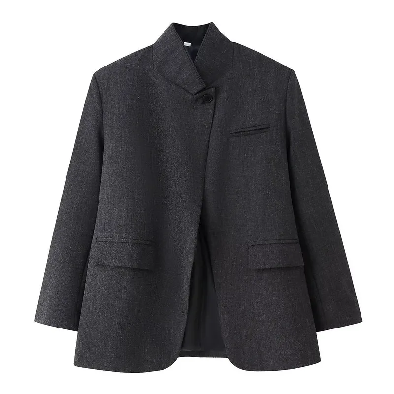 Damen 100+ Cropped Karoblazer mit Stehkragen, verdeckter Knopfleiste und Pattentaschen Drune
