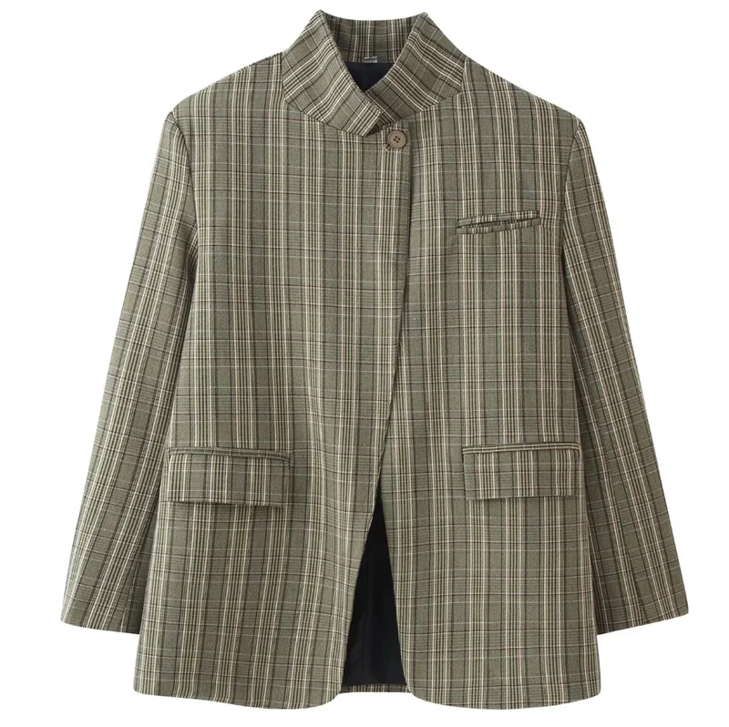 Damen 100+ Cropped Karoblazer mit Stehkragen, verdeckter Knopfleiste und Pattentaschen Drune