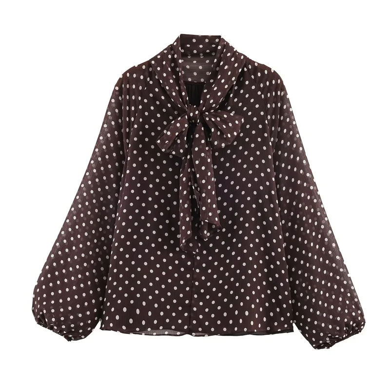 Damen 100+ Chiffonbluse mit Schleifenkragen, Puffärmeln und Tupfenprint Drune