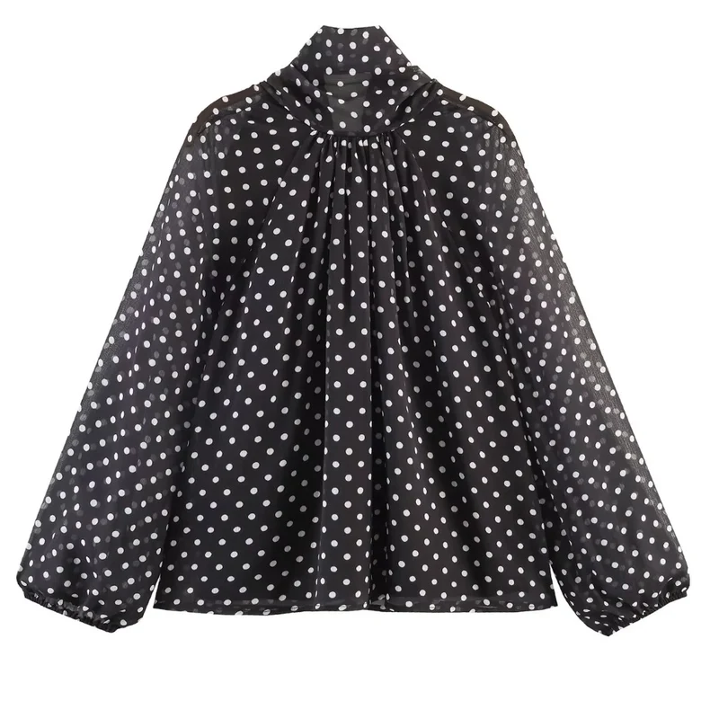 Damen 100+ Chiffonbluse mit Schleifenkragen, Puffärmeln und Tupfenprint Drune