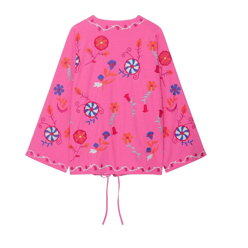 Damen 100+ bestickter Kimono‑Blouson mit Tunnelzugsaum und weiten Glockenärmeln Drune